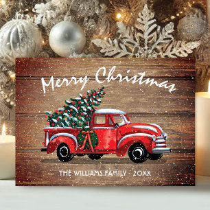 Vintage Red Truck Merry Christmas Rustic Wood Holiday Card