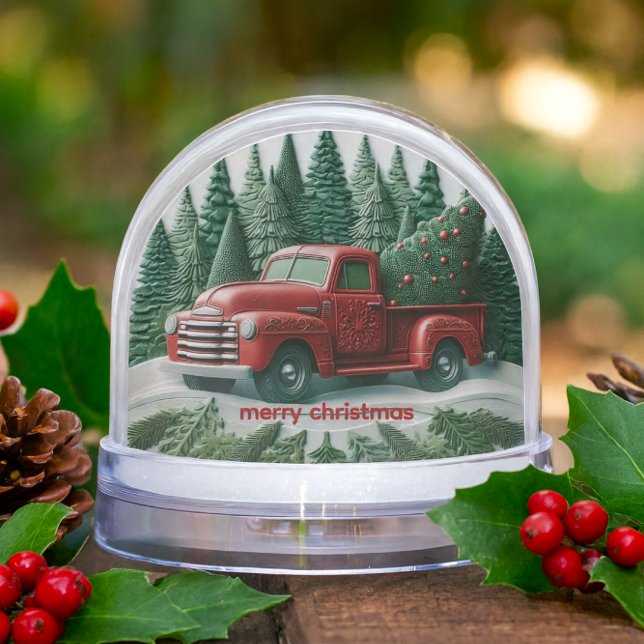 Vintage Red Truck Merry Christmas  Snowglobe (Vintage red truck snow globe with Christmas tree, holly berries, and pinecones.)