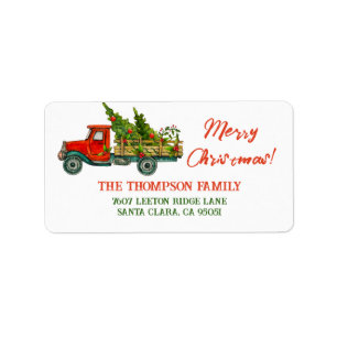 Vintage Red Truck Merry Christmas Tree Address Label