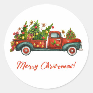 Vintage Red Truck Merry Christmas Tree Greeting Classic Round Sticker