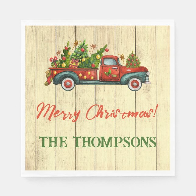 Vintage Red Truck Merry Christmas Tree Greeting Napkin (Front)