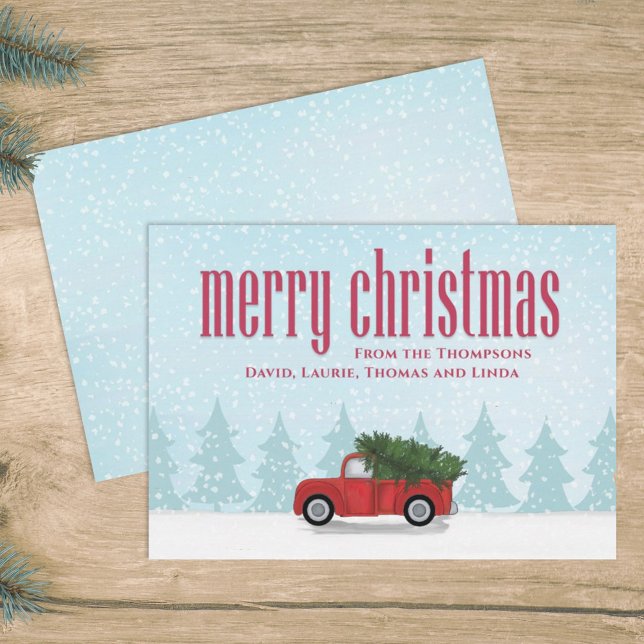 Vintage Red Truck Merry Christmas Whimsical Holiday Card (Merry Christmas cute holiday rustic red truck photo card with a simple photo on the back. )