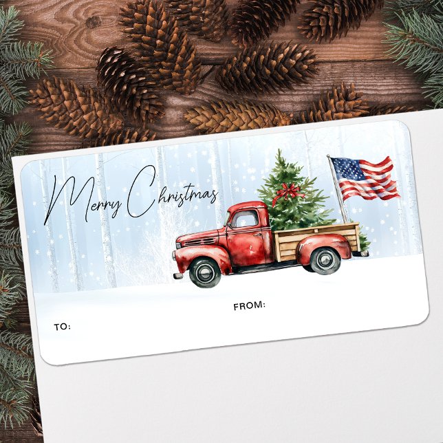 Vintage Red Truck Patriotic Merry Christmas Gift Label (Creator Uploaded)