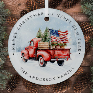 Vintage Red Truck Patriotic USA Flag Christmas Glass Tree Decoration