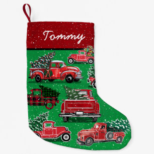Vintage Red Truck Pattern on Green Add Name Small Christmas Stocking