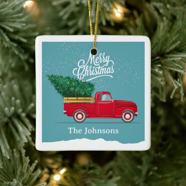 Vintage Red Truck Personalised Christmas Ceramic Ornament (Tree)