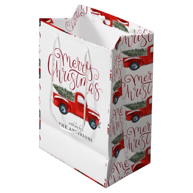 Vintage Red Truck Personalised Christmas Gift Bag (Front Angled)