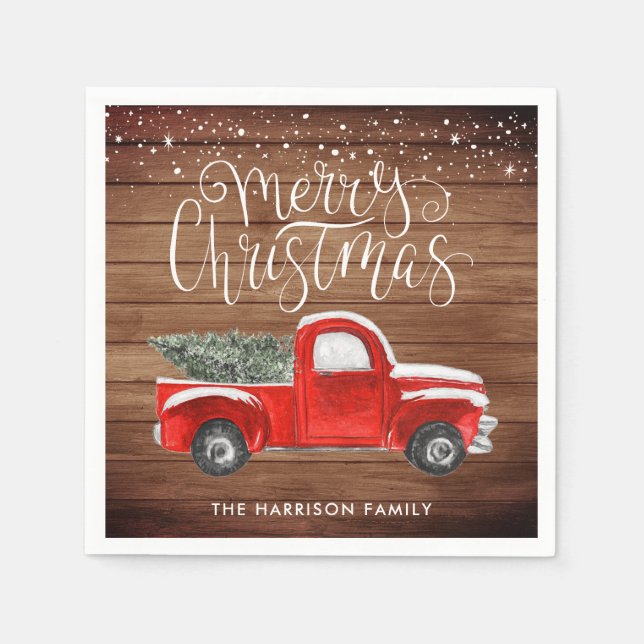 Vintage Red Truck Personalised Christmas Party Napkin (Front)