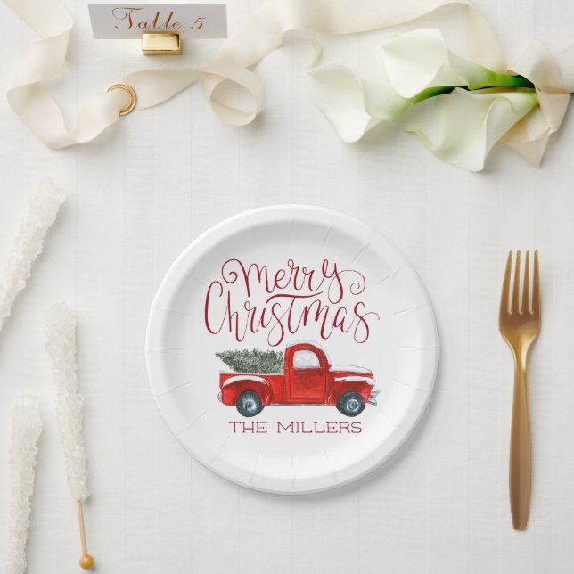 Vintage Red Truck Personalised Christmas Party Paper Plate (Wedding)