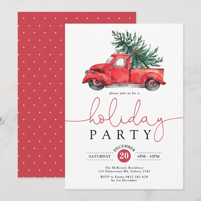 Vintage Red Truck & Pine Tree Holiday Party Invitation (Front/Back)