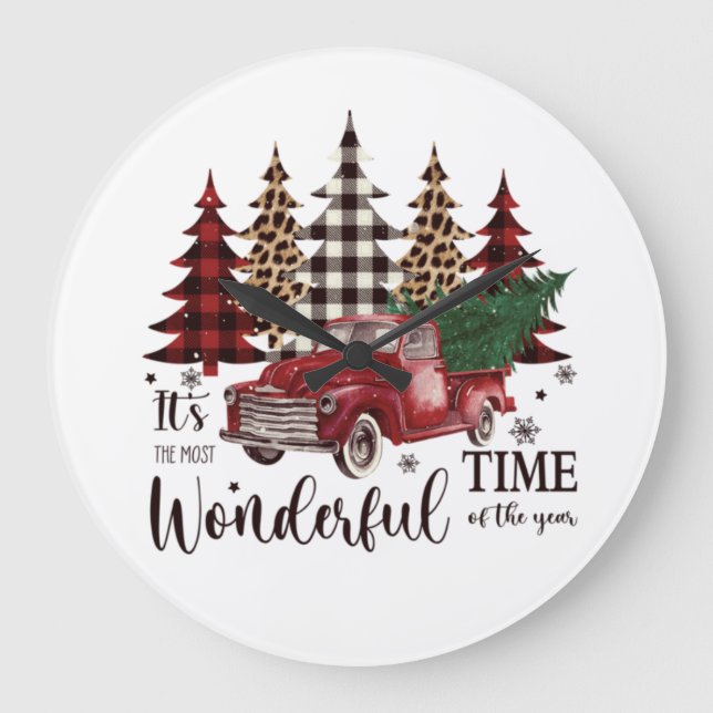 Vintage Red Truck Pine Tree Large Clock (Front)