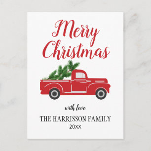 Vintage Red Truck Pine Tree Merry Christmas Postcard