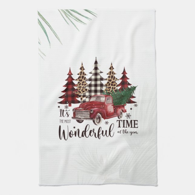 Vintage Red Truck,Pine Tree   Tea Towel (Vertical)