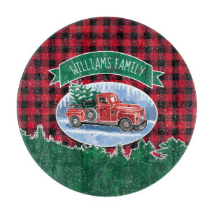 Vintage Red Truck Red Buffalo Plaid Christmas Cutting Board