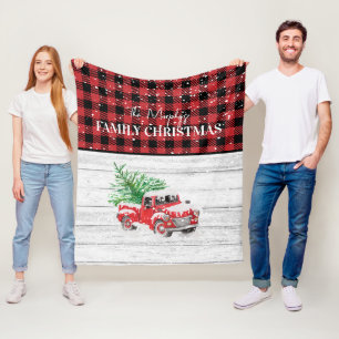 Vintage Red Truck & Red Buffalo Plaid Christmas Fleece Blanket