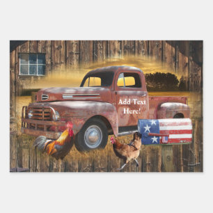 Vintage Red Truck Rooster Hen Barn Wrapping Paper Sheet