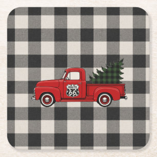 Vintage Red Truck Route 66 Plaid Drink Mat Art Square Paper Coaster