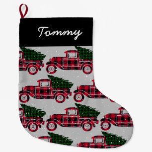 Vintage Red Truck Rustic Buffalo Plaid Add Name Large Christmas Stocking