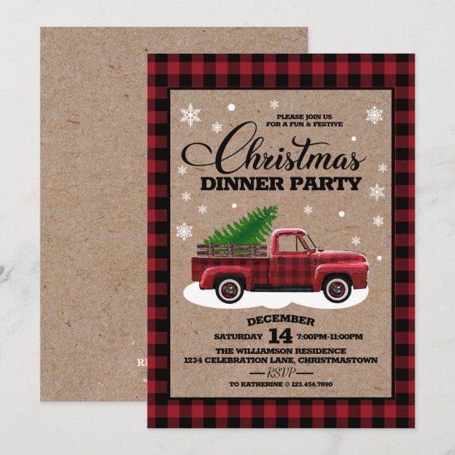 Vintage Red Truck Rustic Country Christmas Dinner Invitation (Front/Back)