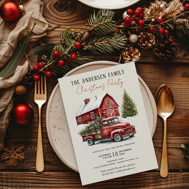 Vintage Red Truck Rustic Family Christmas Party Invitation (Vintage Red Truck Rustic Family Christmas Party Invitation )