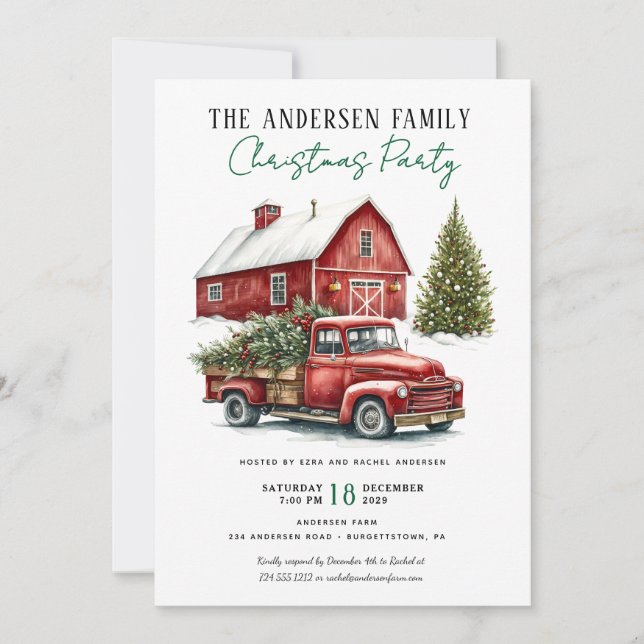 Vintage Red Truck Rustic Family Christmas Party Invitation (Front)