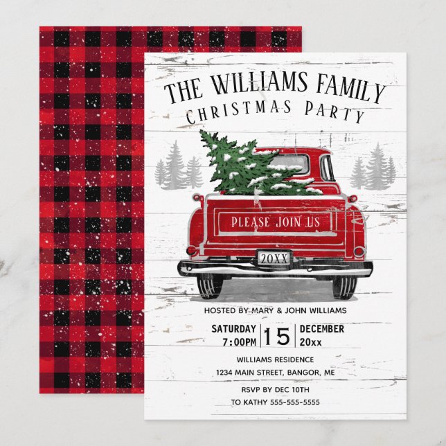 Vintage Red Truck Rustic Family Christmas Party Invitation (Front/Back)
