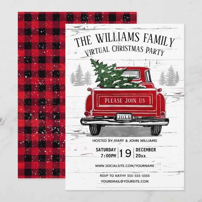 Vintage Red Truck Rustic Virtual Christmas Party Invitation (Front/Back)