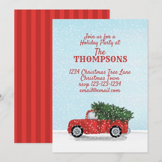 Vintage Red Truck Rustic Woodland Holiday Party Invitation (Front/Back)
