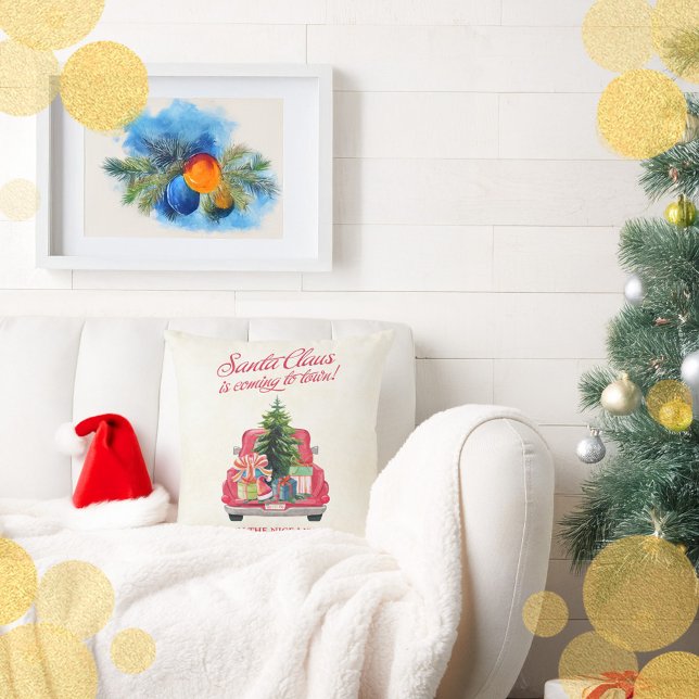 Vintage Red Truck Santa Claus Cushion (Vintage Red Truck Santa Claus Throw Pillow)