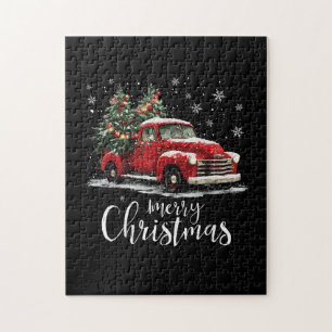 Vintage Red Truck Santa Tree Merry Christmas Funny Jigsaw Puzzle