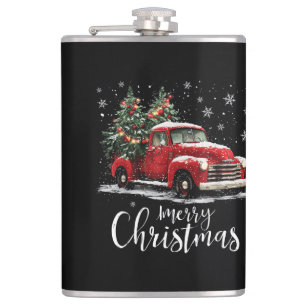 Vintage Red Truck SantaTree Merry Christmas Funny  Hip Flask