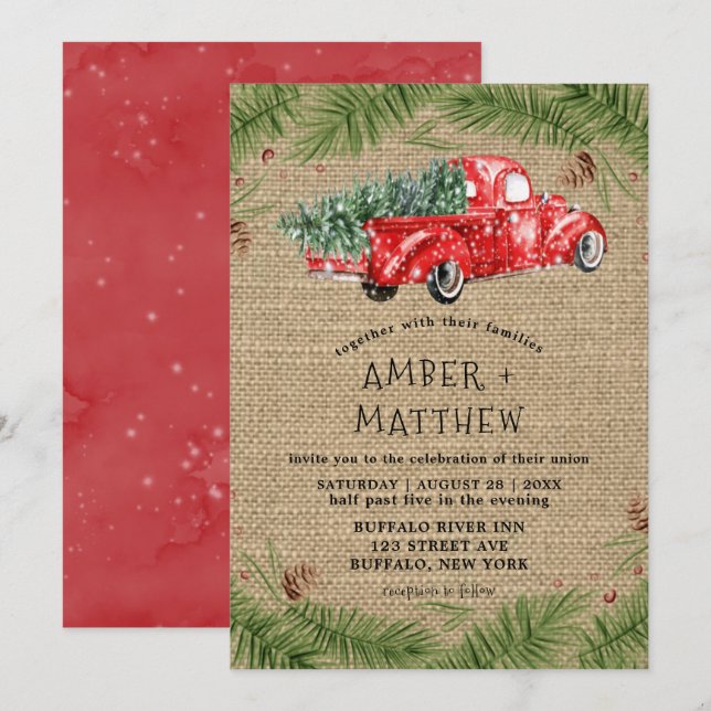 Vintage Red Truck Snow Burlap Wedding Invitations (Front/Back)