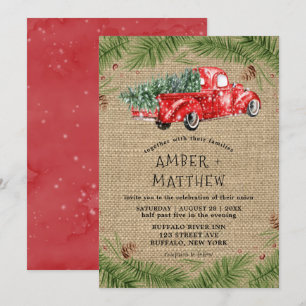 Vintage Red Truck Snow Burlap Wedding Invitations