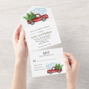 Vintage Red Truck Snow Christmas Wedding All In O All In One Invitation