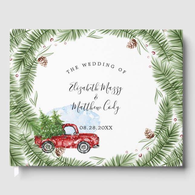 Vintage Red Truck Snow Christmas Wedding  Guest Book (Front)