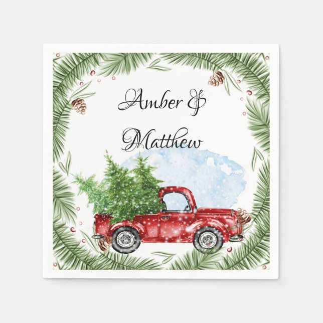 Vintage Red Truck Snow Christmas Wedding  Napkin (Front)