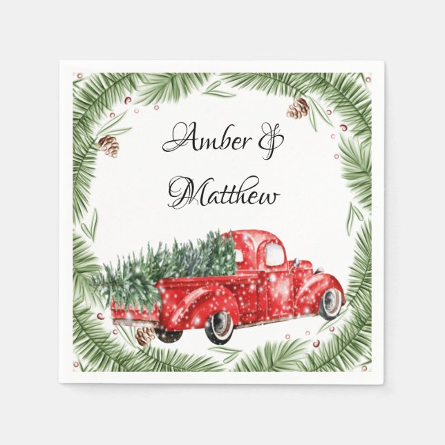 Vintage Red Truck Snow Christmas Wedding  Napkins (Front)
