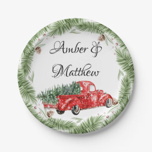 Vintage Red Truck Snow Christmas Wedding  Paper Pl Plate