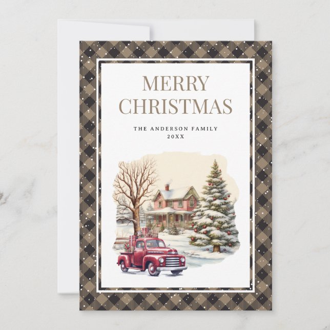 Vintage Red Truck Snow Plaid Merry Christmas Card (Front)
