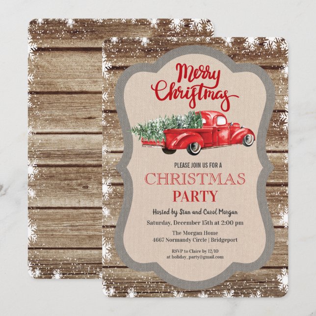 Vintage Red Truck Snowflake Christmas Invitation (Front/Back)