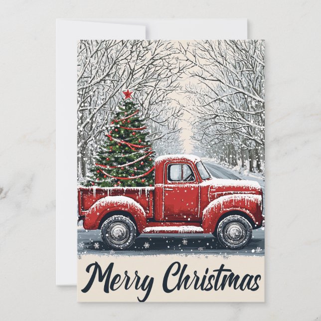 Vintage Red Truck & Snowy Tree Lane Holiday Card (Front)