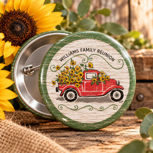Vintage Red Truck Sunflowers Rustic Family Reunion 6 Cm Round Badge