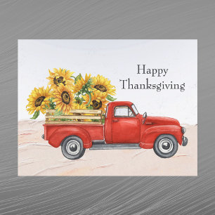 Vintage Red Truck Sunflowers Thanksgiving Holiday Postcard