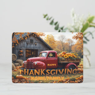 Vintage Red Truck Thanksgiving Harvest Scene Holiday Card