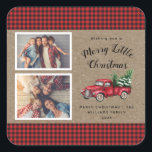 Vintage Red Truck Tree 2 Photo Christmas  Square Sticker<br><div class="desc">Vintage Red Truck Tree 2 Photo Christmas Sticker - Adorable rustic Christmas sticker features 2 of your favourite photos, a red vintage Christmas truck, carrying 2 freshly cut Christmas trees. Editable text reads " Wishing you a Merry Little Christmas" in pretty, handwritten style typography and is personalised with your family...</div>