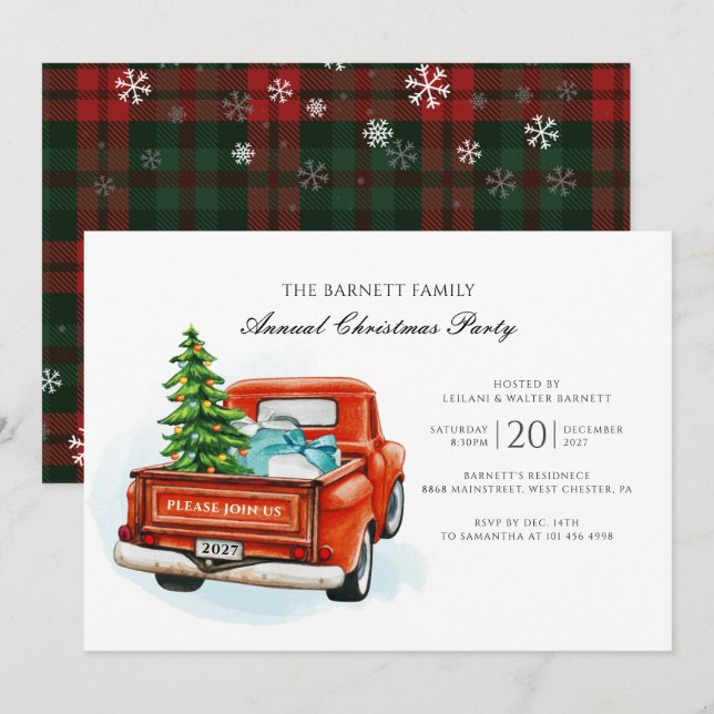 Vintage Red Truck Tree Family Christmas Party Invitation (Front/Back)