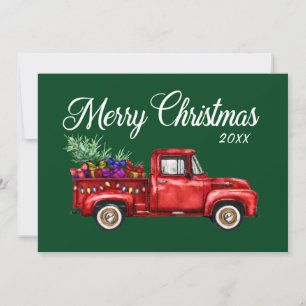 Vintage Red Truck Tree Gifts Merry Christmas Year Holiday Card