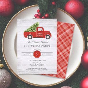 Vintage Red Truck & Tree Plaid Christmas Party Inv Invitation