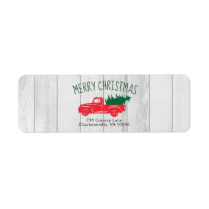 Vintage Red Truck Tree White Wood Return Address 