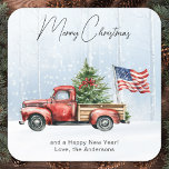 Vintage Red Truck USA Flag Patriotic Christmas  Square Sticker<br><div class="desc">Vintage Red Truck Christmas Cards Celebrate the Holidays with Patriotic Charm Spread joy and festive cheer this holiday season with our Vintage Red Truck Christmas Cards. Perfectly capturing the spirit of a rustic winter wonderland, these cards feature a charming red truck adorned with a Christmas tree in the back, set...</div>